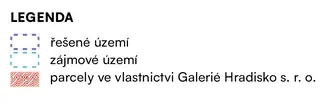 Legenda: fialově řešené území, tyrkysově zájmové území, červeně šrafované parcely ve vlastnictví Galerie Hradisko s. r. o.