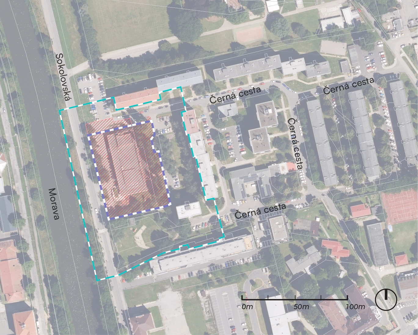 Letecká mapa území mezi Sokolovskou ulicí, Černou cestou a řekou Moravou s vyznačenými hranicemi řešeného a zájmového území