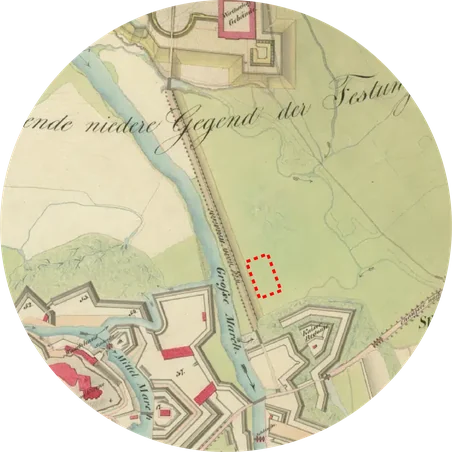 Historická mapa z roku 1833 s vyznačeným řešeným územím před olomouckými hradbami